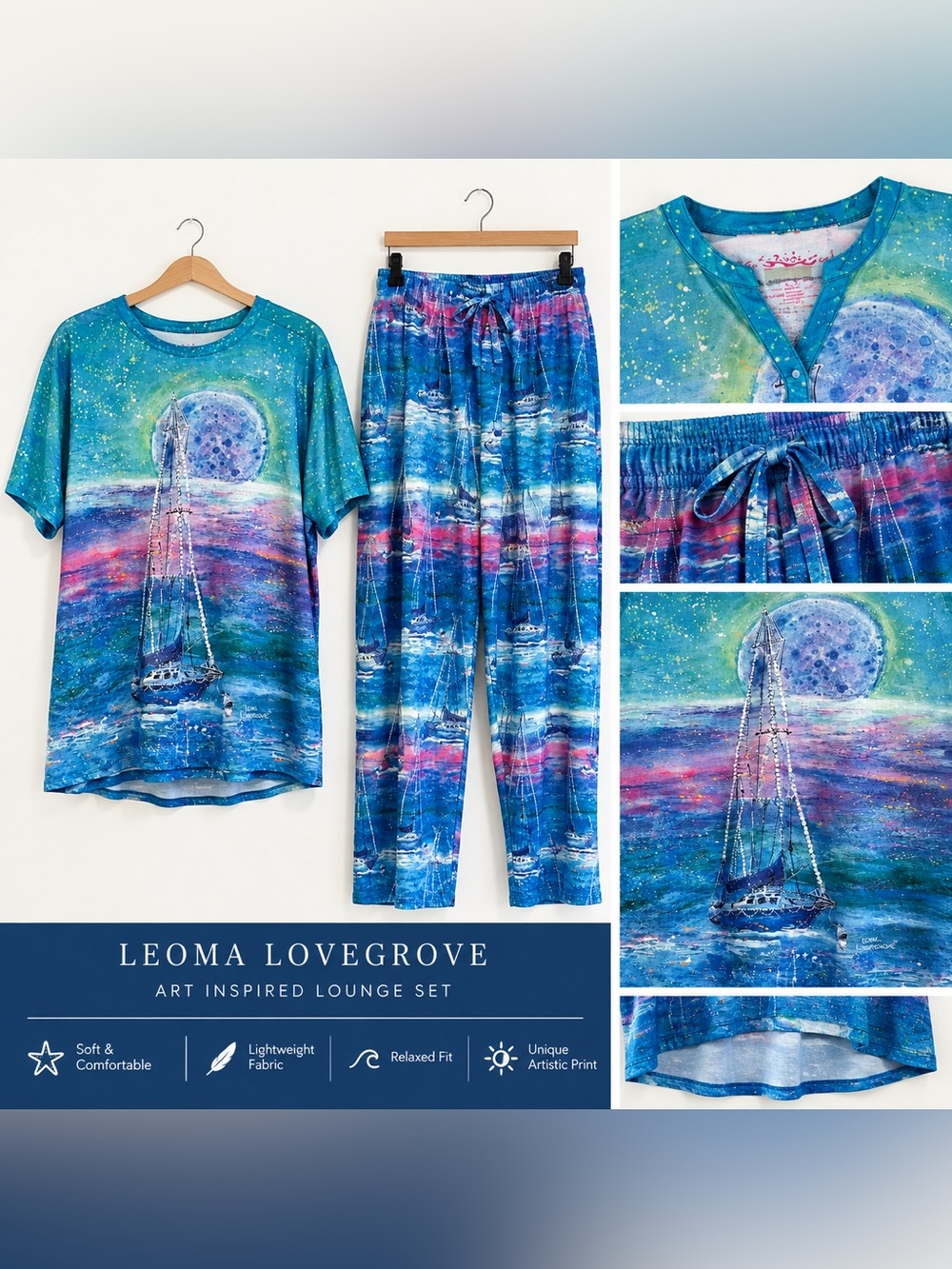 Leoma Lovegrove Women’s Blue Sailboat Art-Print Pajama / Lounge XXL Set
